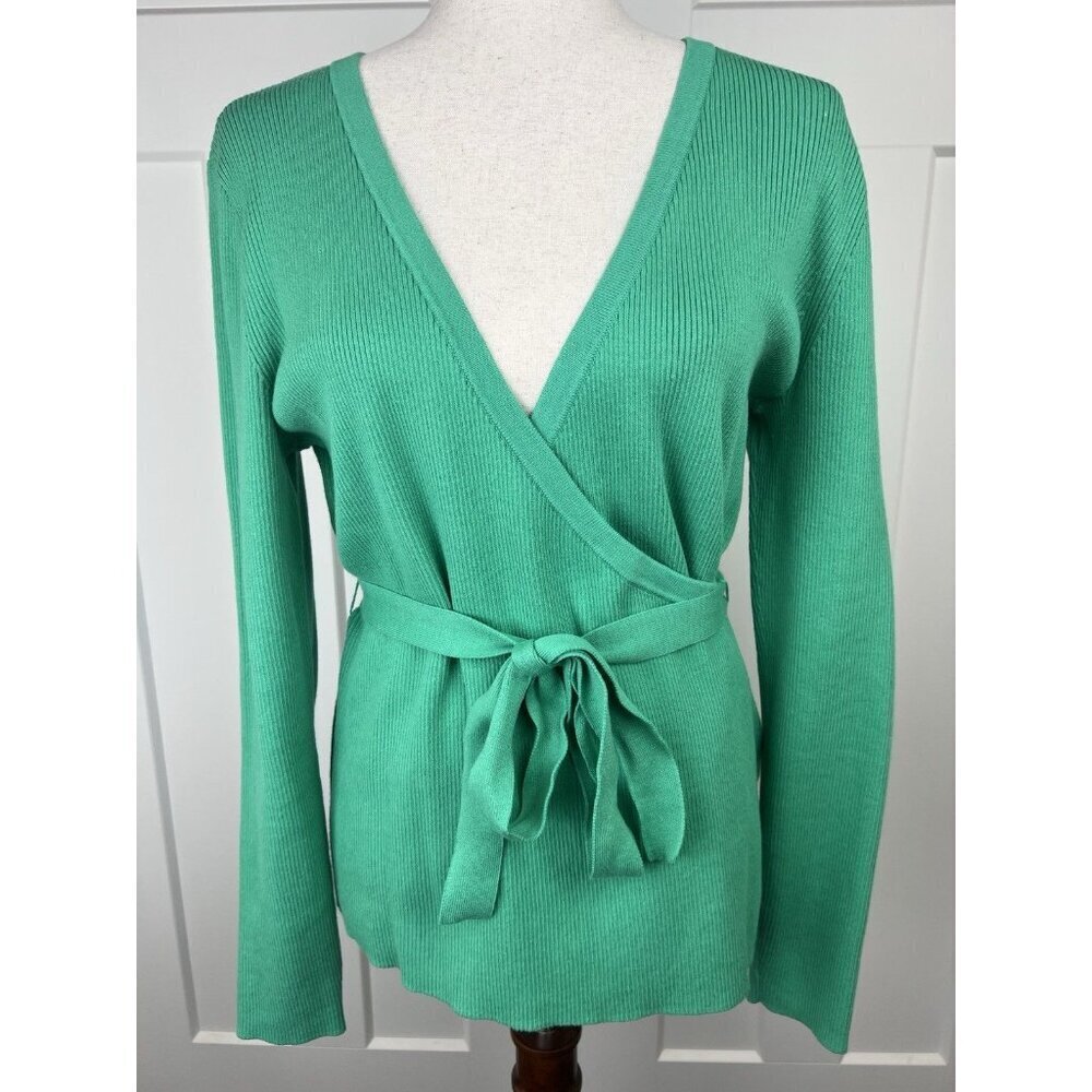 Cabi “Cocktail” Wrap Sweater M Green Ribbed Knit Belted V-Neck Long Sleeve